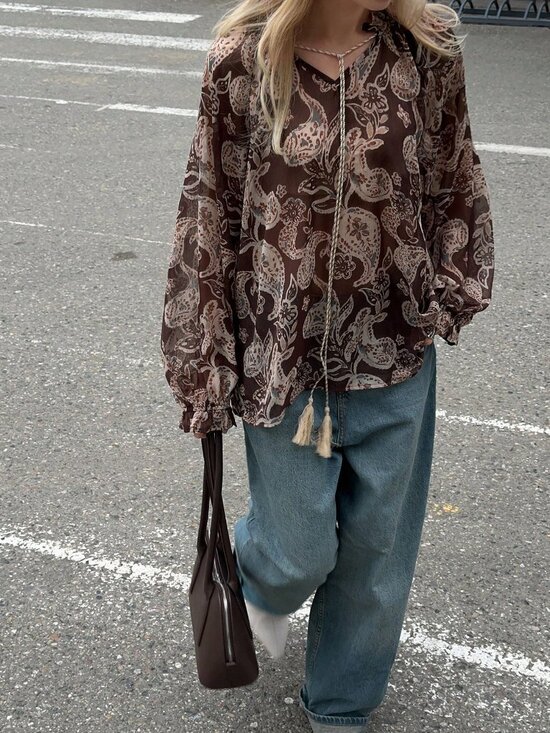 Tops - Coffee Brown Boho Women's Cashew Flower Print Shirt